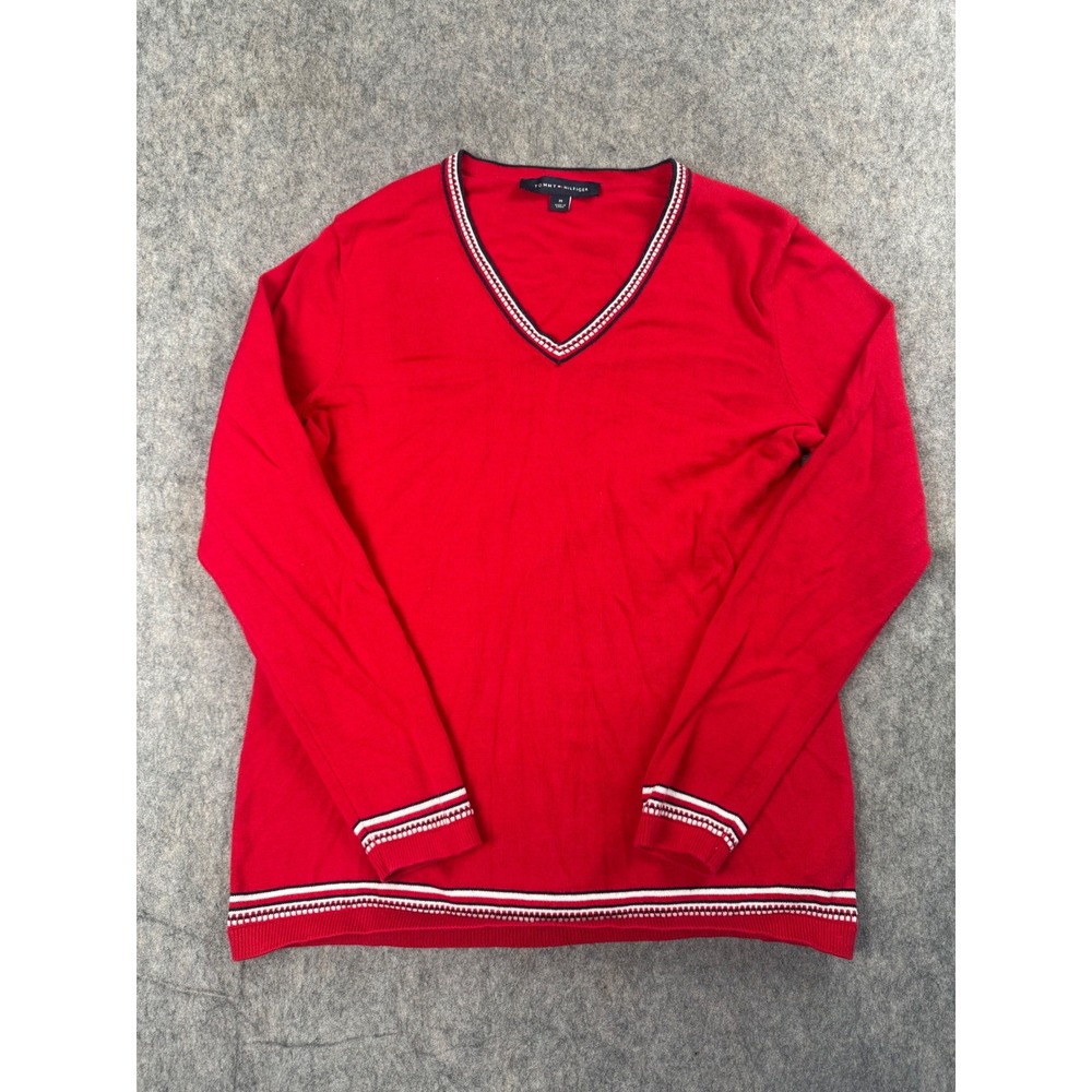 Tommy Hilfiger Sweater Women M Red Cotton Knit V-Neck Preppy Classic Trim